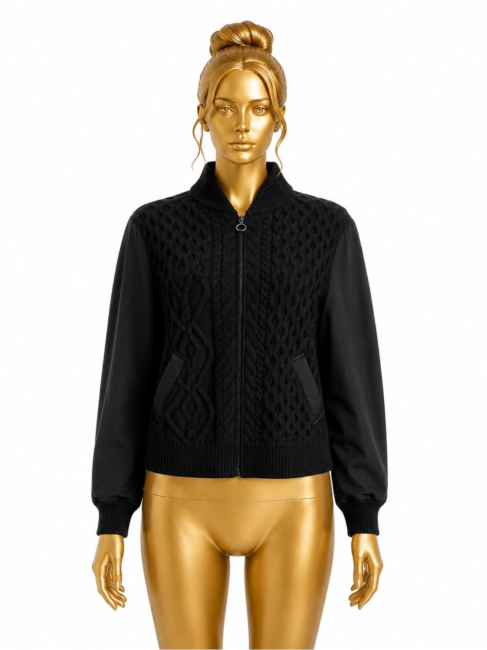 Zara Black Cable-Knit Bomber Jacket